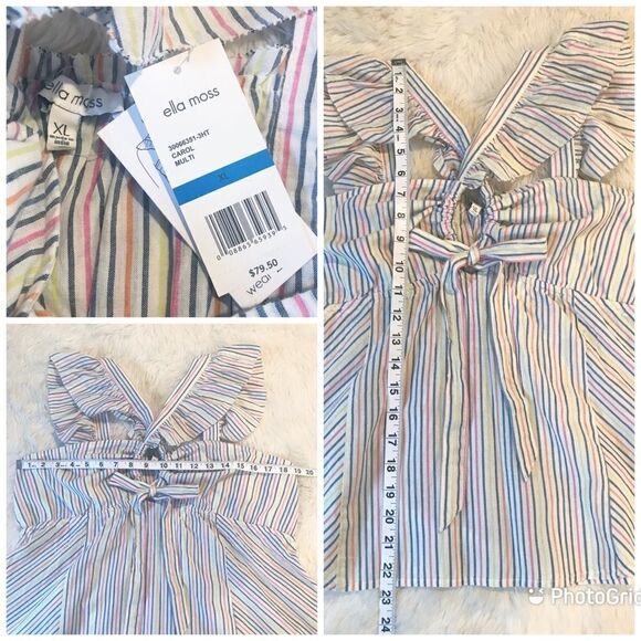ELLA MOSS Striped Babydoll Top Square Neckline Flutter Sleeve Medium Large New - Picture 15 of 16